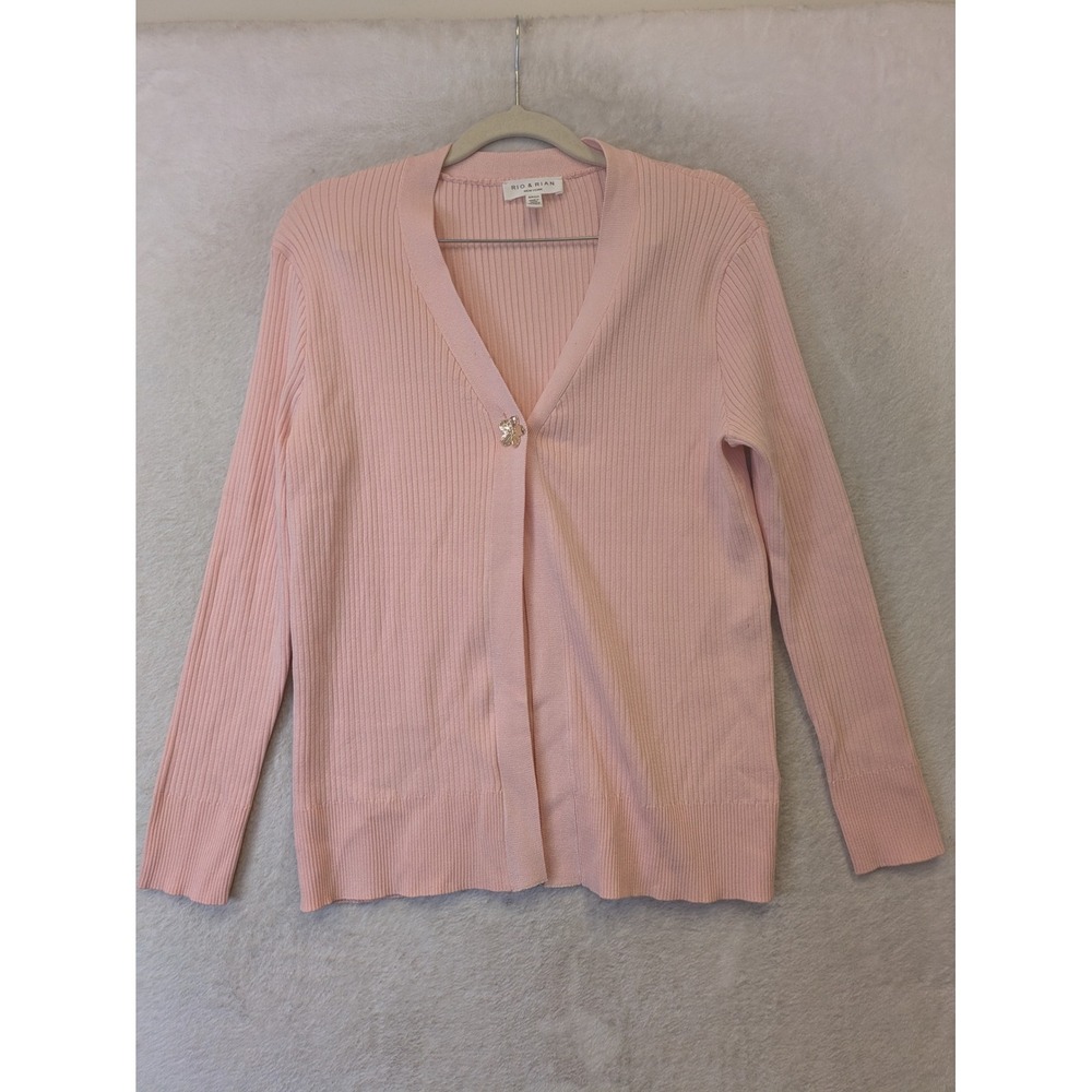 Rio & Rian Cardigan Women's Small Pinkโ Ribbed Knit Flower Button V-Neck Sweater